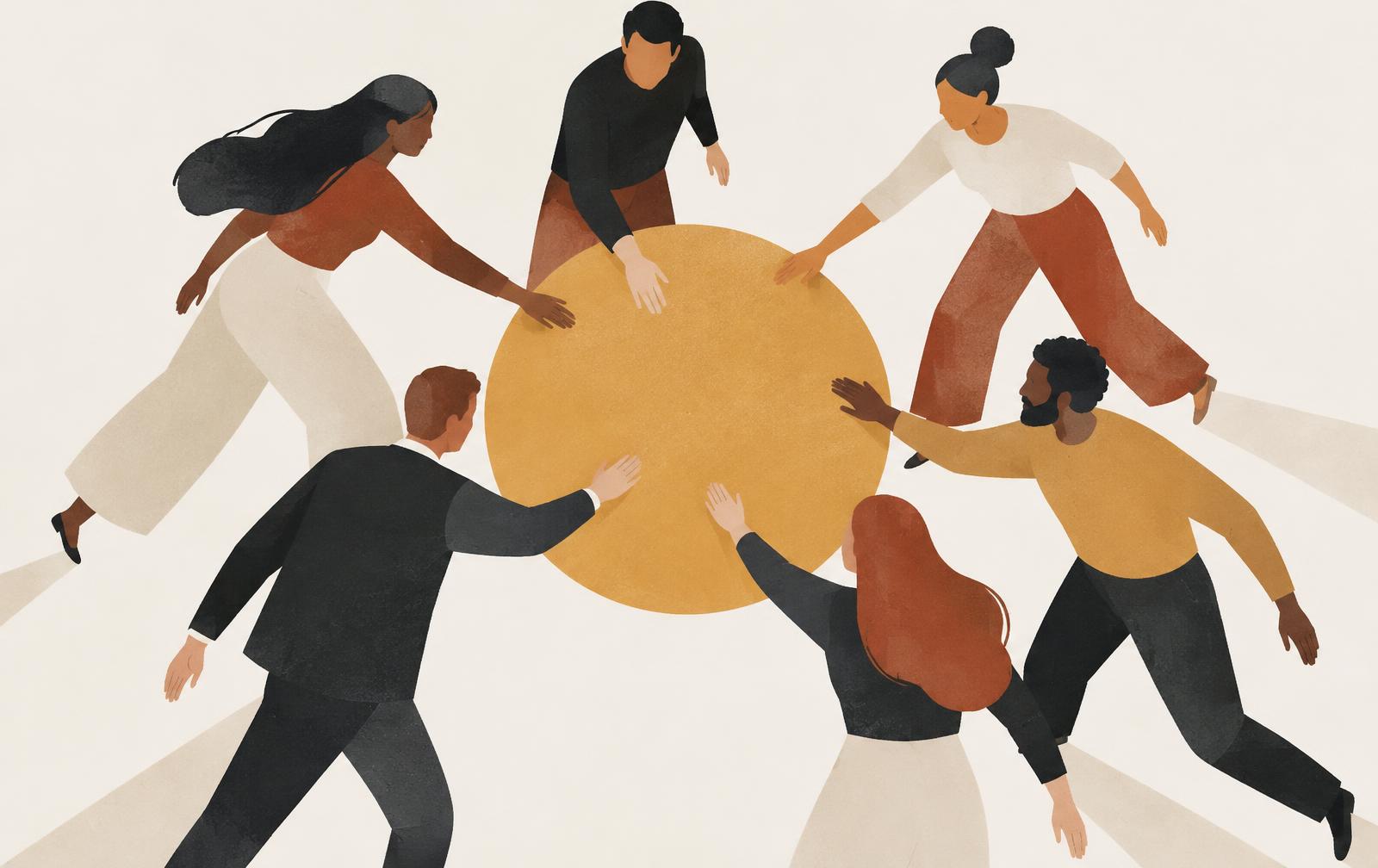 Illustration: a diverse team standing and reaching together toward one shared ochre circle, in warm earthy tones.